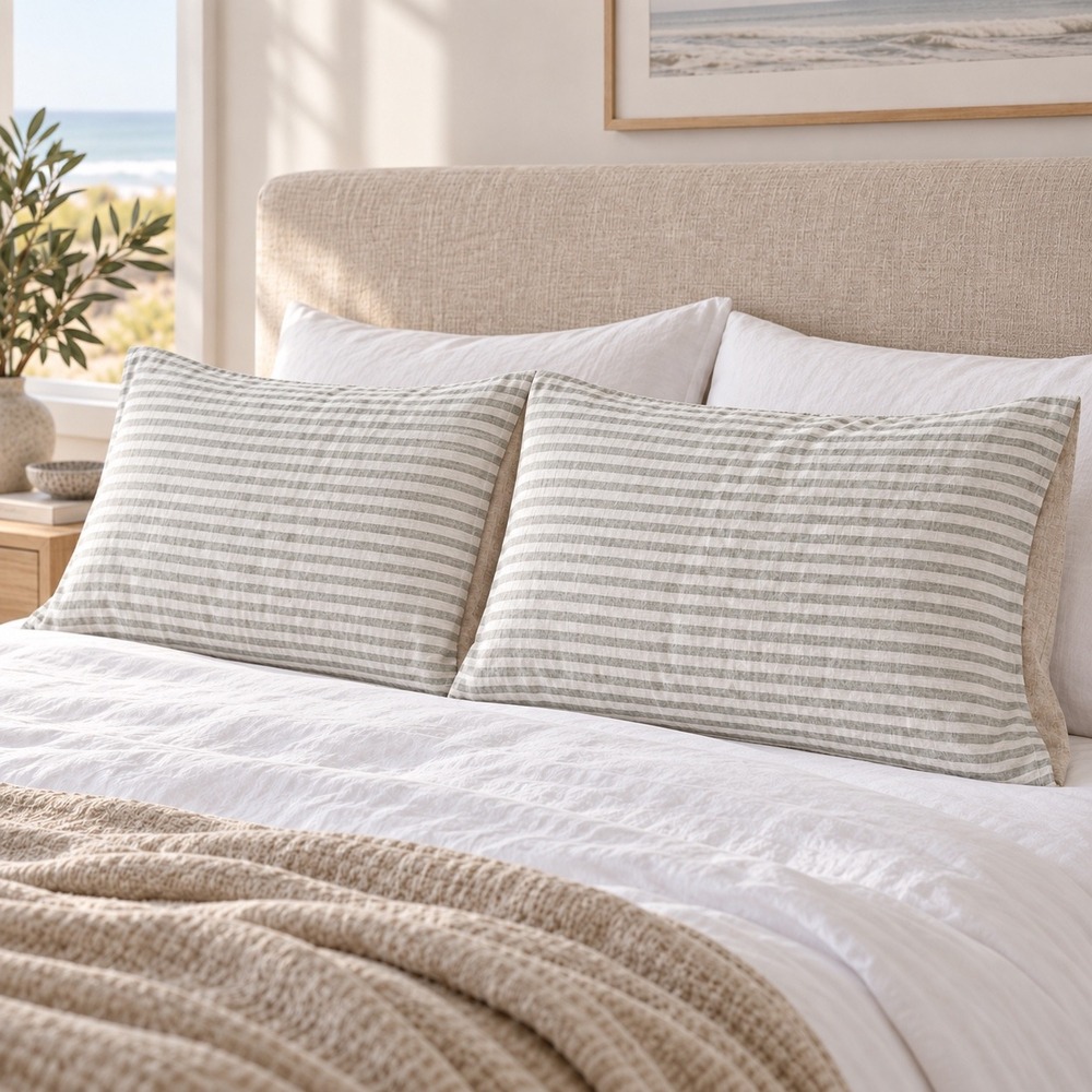 West Elm Set 2 King Linen Pillow Shams Gray Stripe Coastal Organic 20x36
